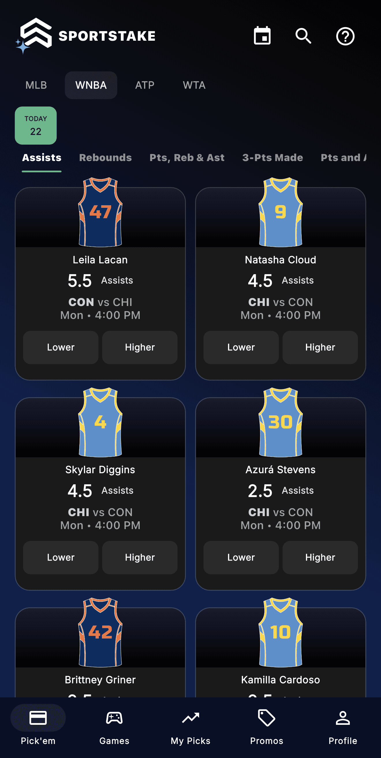 SportStake Pick'em screen — choose Lower or Higher on player stat lines